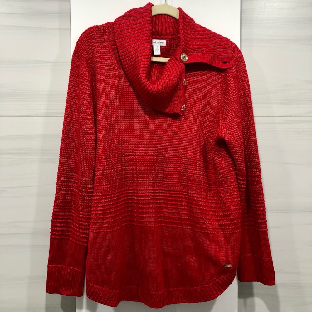 Calvin Klein Red Button-Collar Knit Sweater